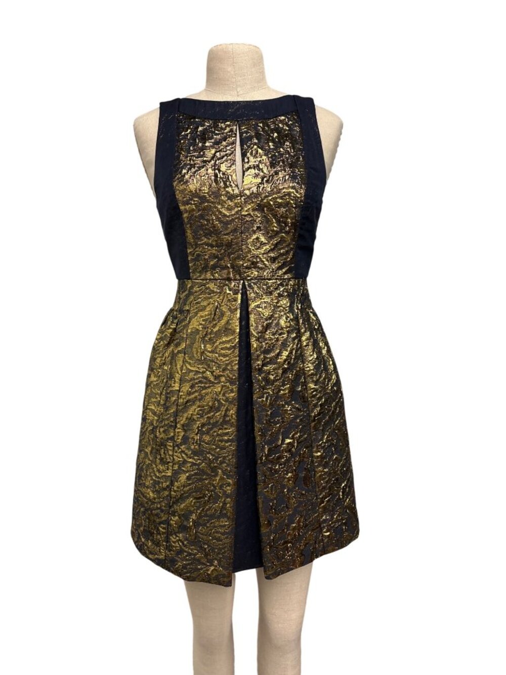 Tibi Metallic Jacquard Fit & Flare Dress Size 4 Navy & Gold Sleeveless Party Dre